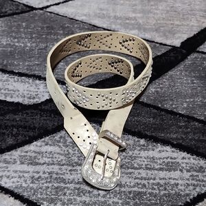 BKE RHINESTONES & STUDDED ACCENTS BEIGE GOLD SHINE FAUX-LEATHER BELT MEDIUM